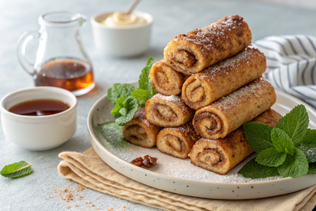 Cinnamon Roll French Toast Roll-Ups served on a plate with cream cheese glaze and fresh strawberries, perfect for breakfast.