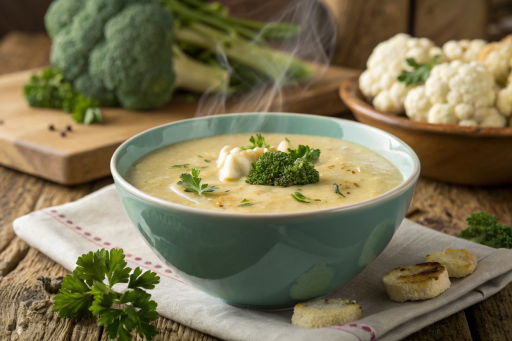 A bowl of creamy broccoli cauliflower cheese soup garnished with parsley and served with crusty bread.