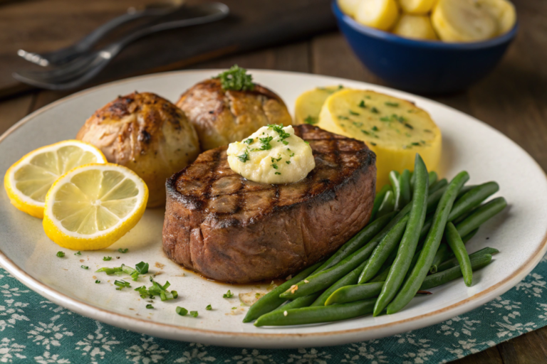 A one-pan garlic butter steak and potatoes dish featuring tender steak, crispy golden potatoes, and melted garlic butter, garnished with herbs