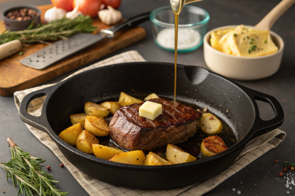 A one-pan garlic butter steak and potatoes dish featuring tender steak, crispy golden potatoes, and melted garlic butter, garnished with herbs