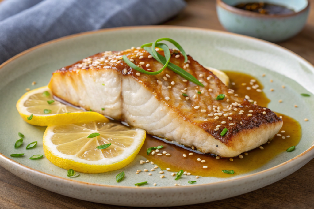 Glazed Baked Barramundi served with rice and vegetables, topped with a soy-honey glaze and garnished with sesame seeds and fresh herbs.

