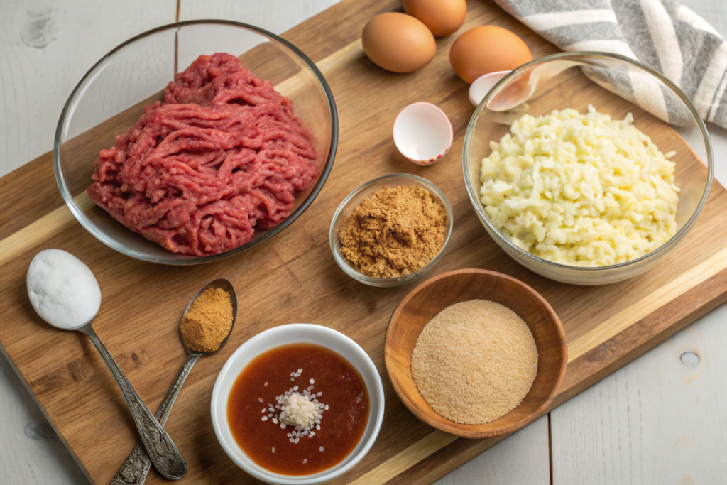 Juicy hamburger steaks covered in rich onion gravy, served with creamy mashed potatoes and a side of green beans on a white dinner plate.





