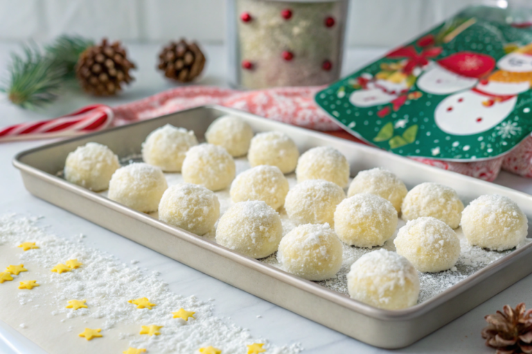 Sweetened condensed milk snowballs coated in coconut, arranged on a tray with powdered sugar dusting for a festive, snowy look.