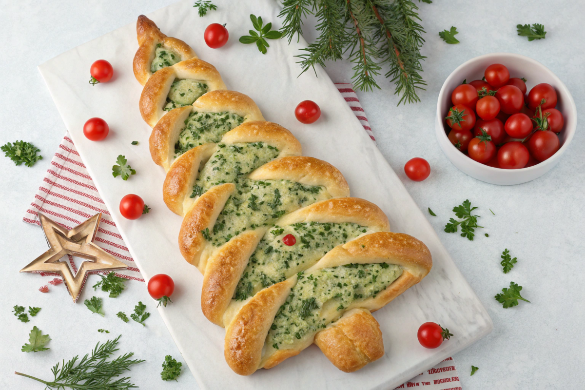 A tree-shaped breadstick with golden crust, filled with spinach dip, garnished with cherry tomatoes, and served on a festive platter.