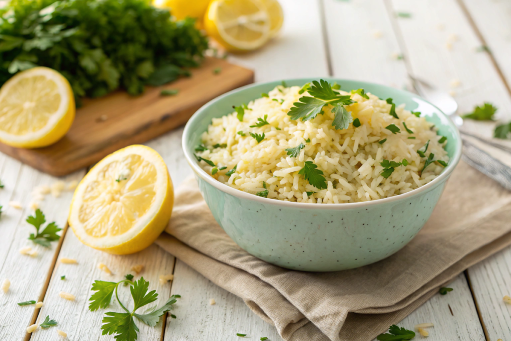 A bowl of fluffy Greek lemon rice garnished with fresh parsley and lemon slices, served as a side dish on a Mediterranean-themed table