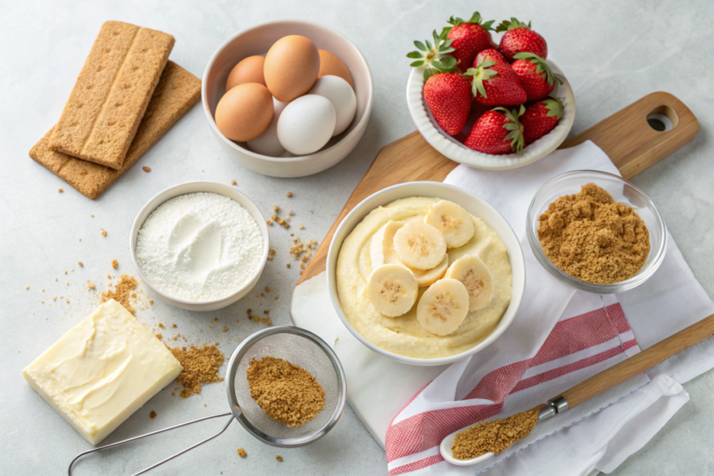 A luscious Strawberry-Banana Cheesecake Fantasy topped with fresh strawberries, bananas, and whipped cream, set on a graham cracker crust.





