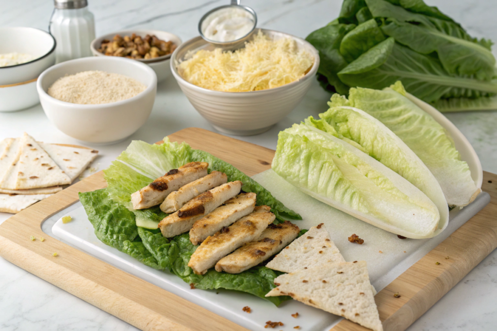 A freshly prepared Chicken Caesar Wrap cut in half, revealing layers of grilled chicken, crisp romaine lettuce, Parmesan cheese, and creamy dressing.





