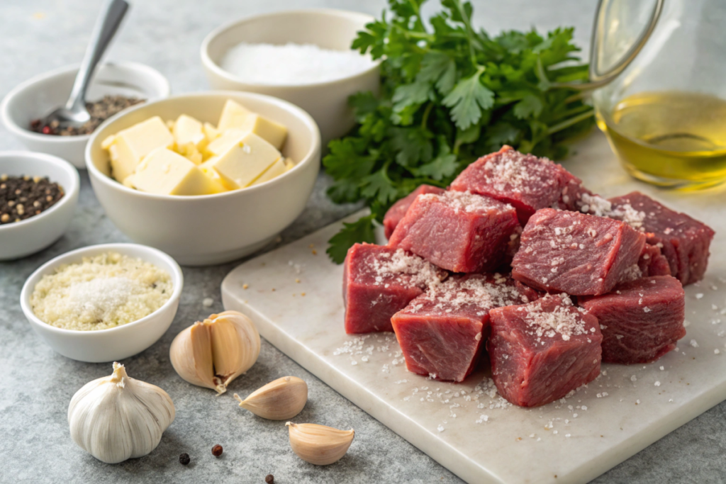 Golden-brown Steak Bites with Garlic Butter, garnished with parsley, served hot in a skillet with a side of crusty bread.






