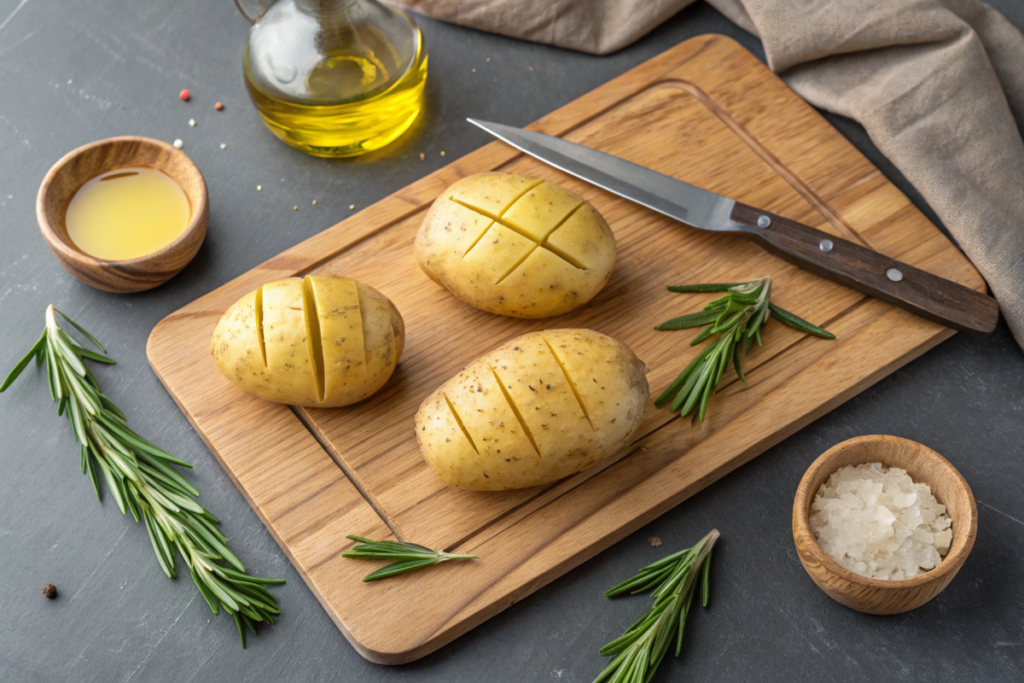 Crispy Sheet Pan Scored Potatoes garnished with rosemary, showing a golden-brown crust and tender interior, served as a rustic side dish.





