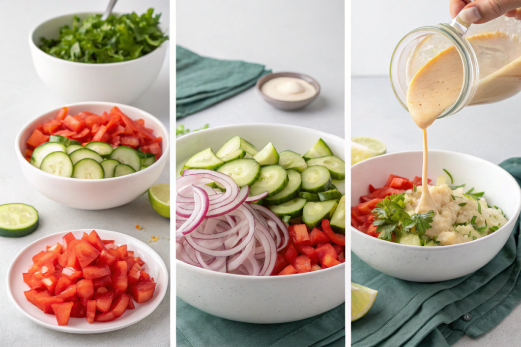 A fresh cucumber, onion, and tomato salad garnished with parsley and drizzled with olive oil, served in a bowl on a summer table.