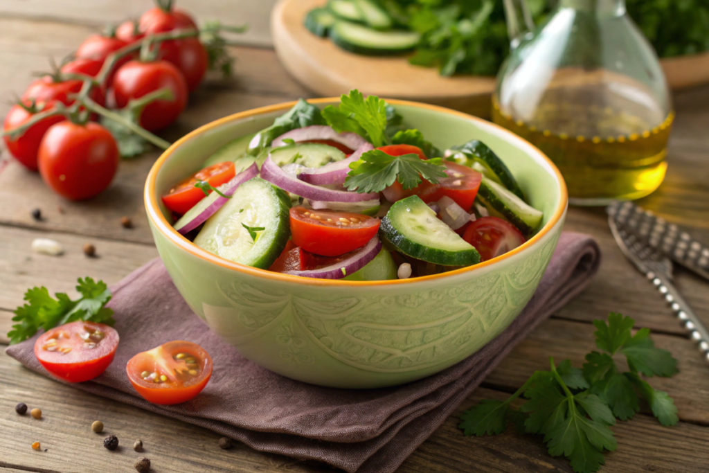 A fresh cucumber, onion, and tomato salad garnished with parsley and drizzled with olive oil, served in a bowl on a summer table.