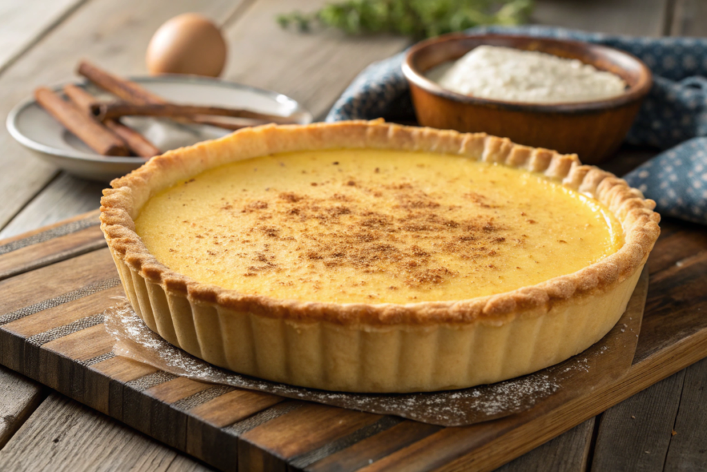  A golden-brown egg custard pie with a smooth custard filling, topped with nutmeg, served on a rustic wooden table.