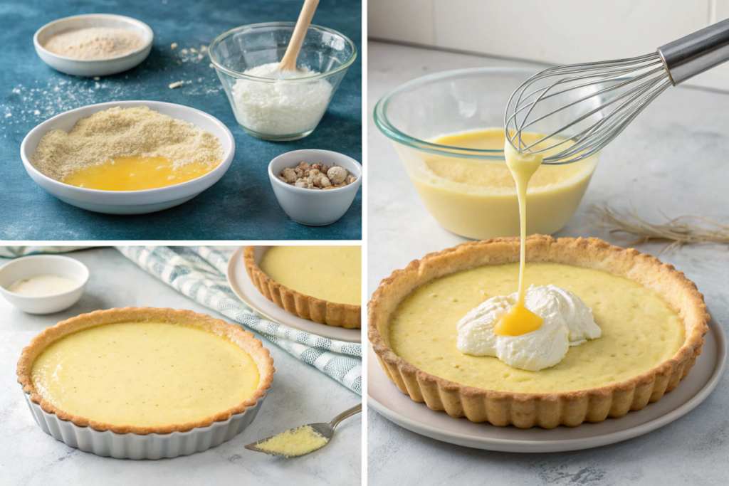  A golden-brown egg custard pie with a smooth custard filling, topped with nutmeg, served on a rustic wooden table.