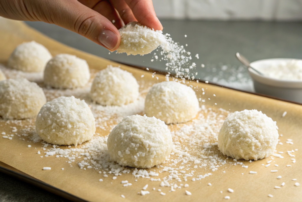 Sweetened condensed milk snowballs coated in coconut, arranged on a tray with powdered sugar dusting for a festive, snowy look.