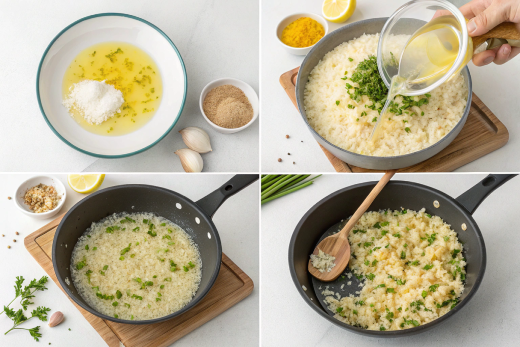 A bowl of fluffy Greek lemon rice garnished with fresh parsley and lemon slices, served as a side dish on a Mediterranean-themed table