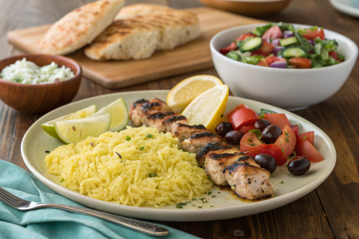 A bowl of fluffy Greek lemon rice garnished with fresh parsley and lemon slices, served as a side dish on a Mediterranean-themed table