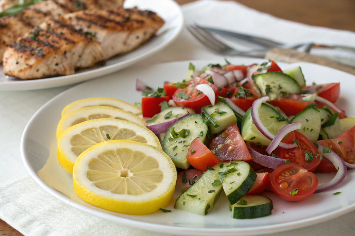 A fresh cucumber, onion, and tomato salad garnished with parsley and drizzled with olive oil, served in a bowl on a summer table.