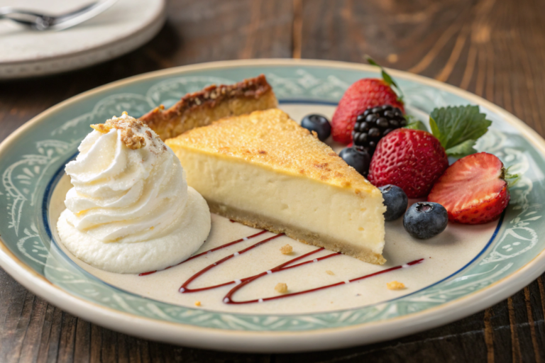 A golden-brown egg custard pie with a smooth custard filling, topped with nutmeg, served on a rustic wooden table.