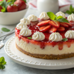 A luscious Strawberry-Banana Cheesecake Fantasy topped with fresh strawberries, bananas, and whipped cream, set on a graham cracker crust.