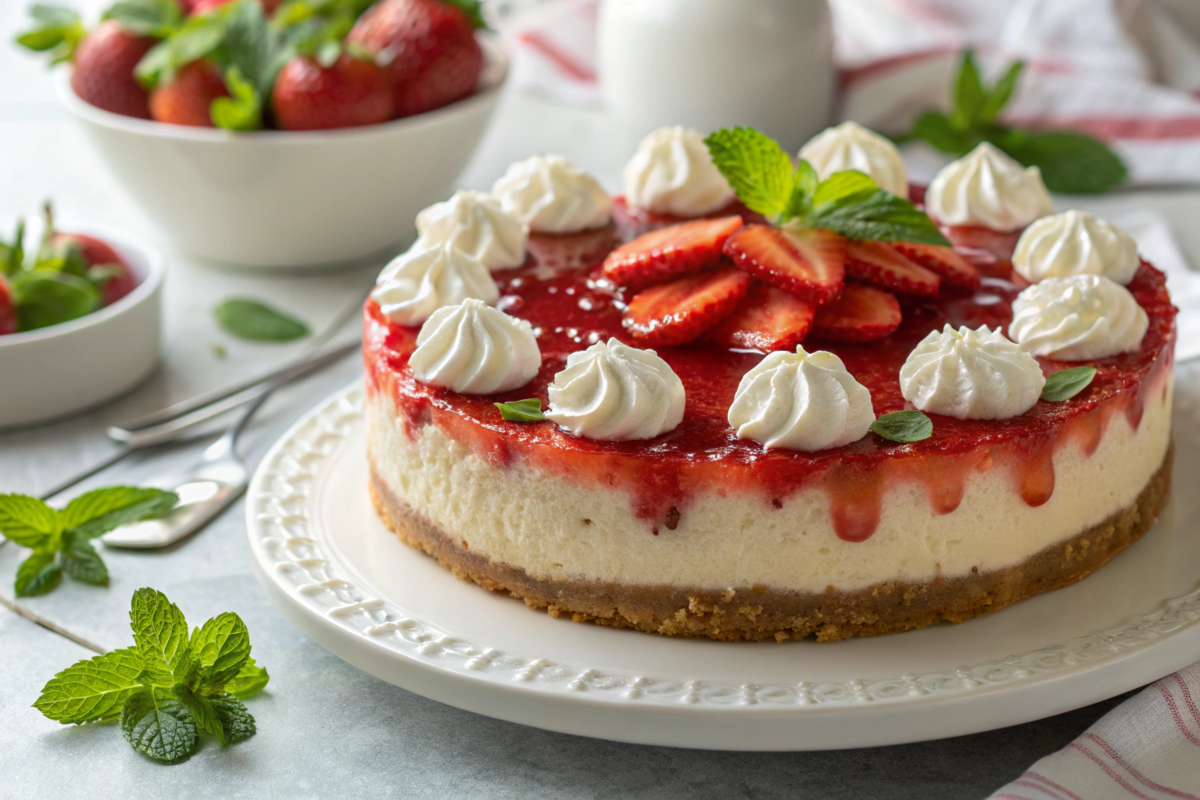 A luscious Strawberry-Banana Cheesecake Fantasy topped with fresh strawberries, bananas, and whipped cream, set on a graham cracker crust.