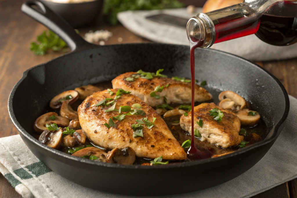 Chicken Lombardy with golden-brown chicken, sautéed mushrooms, Marsala wine sauce, and melted cheese, garnished with parsley.







