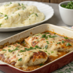 Chicken Lombardy with golden-brown chicken, sautéed mushrooms, Marsala wine sauce, and melted cheese, garnished with parsley.