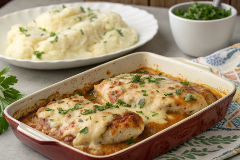 Chicken Lombardy with golden-brown chicken, sautéed mushrooms, Marsala wine sauce, and melted cheese, garnished with parsley.