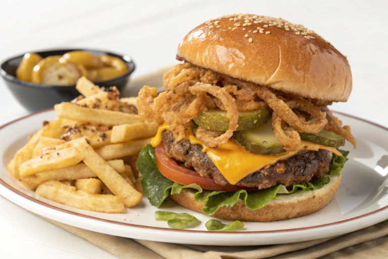 A classic Oklahoma Fried Onion Burger with caramelized onions pressed into a thin beef patty, topped with cheese and served on a toasted bun.