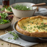 A freshly baked Giant Savory Dutch Baby in a cast iron skillet, featuring golden-brown edges, diced ham, and garnished with fresh herbs.