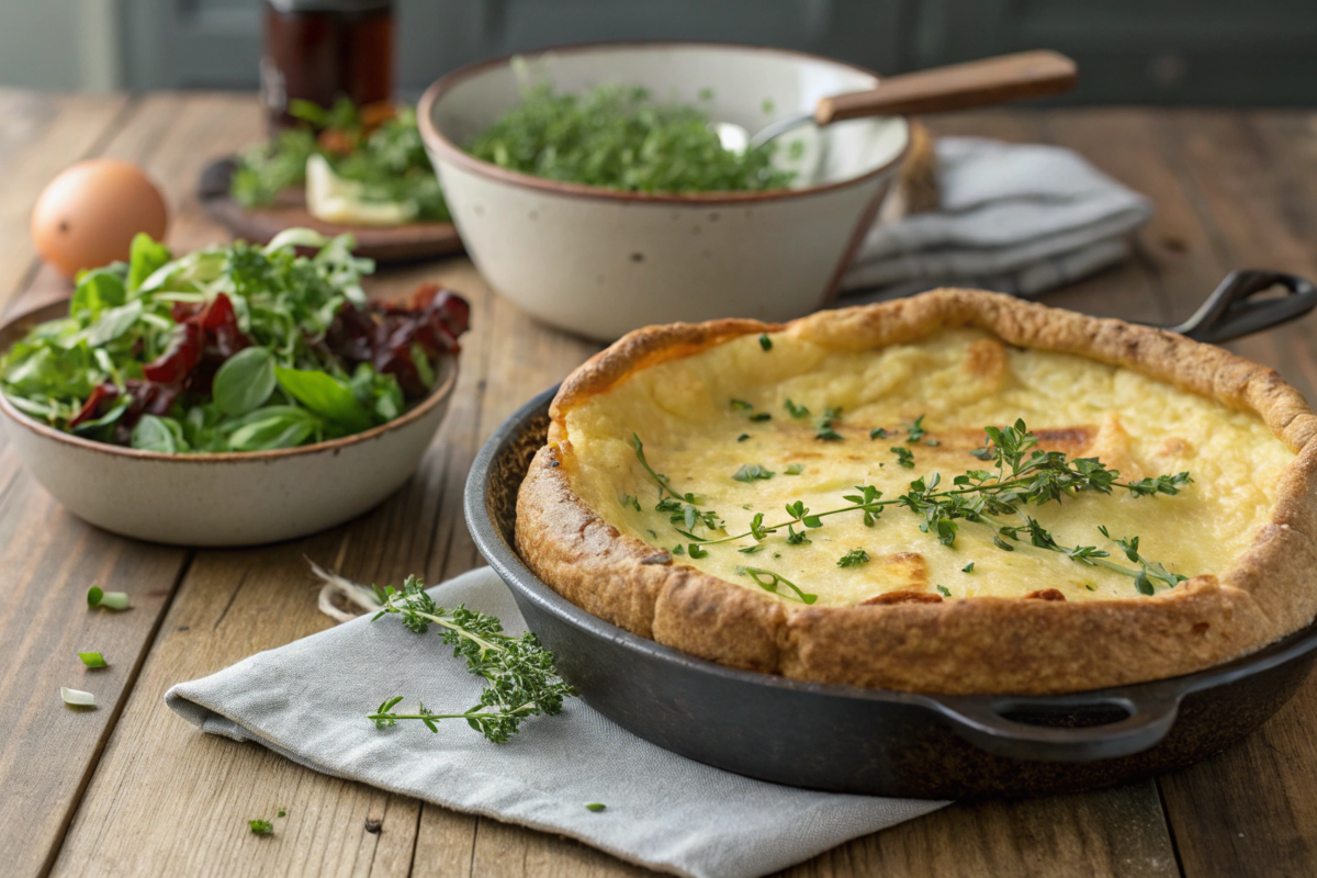 A freshly baked Giant Savory Dutch Baby in a cast iron skillet, featuring golden-brown edges, diced ham, and garnished with fresh herbs.