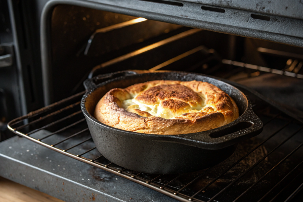 A freshly baked Giant Savory Dutch Baby in a cast iron skillet, featuring golden-brown edges, diced ham, and garnished with fresh herbs.





