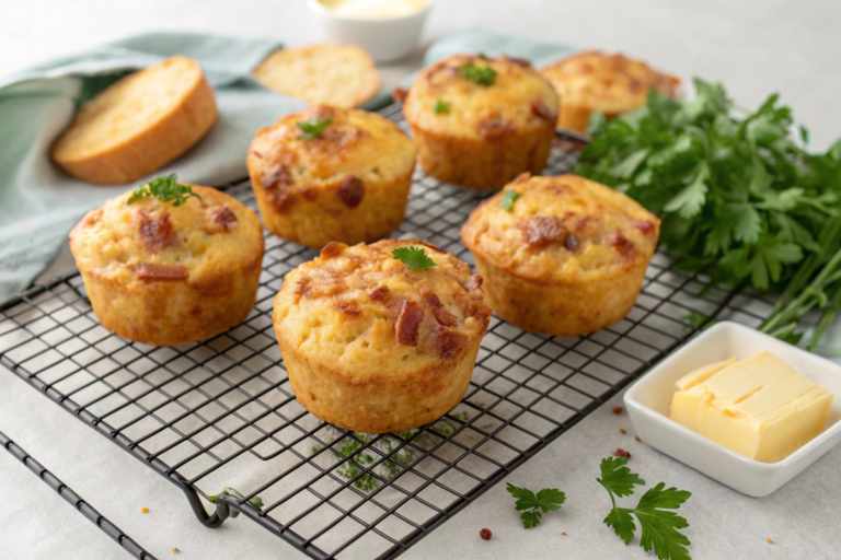 Freshly baked Potato, Bacon, and Cheese Muffins with a golden crust, crispy bacon pieces, and melted cheese, garnished with fresh parsley.