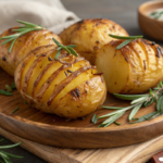 Crispy Sheet Pan Scored Potatoes garnished with rosemary, showing a golden-brown crust and tender interior, served as a rustic side dish.