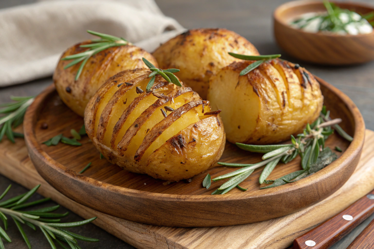 Crispy Sheet Pan Scored Potatoes garnished with rosemary, showing a golden-brown crust and tender interior, served as a rustic side dish.