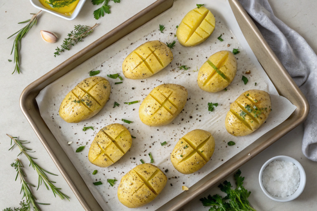 Crispy Sheet Pan Scored Potatoes garnished with rosemary, showing a golden-brown crust and tender interior, served as a rustic side dish.





