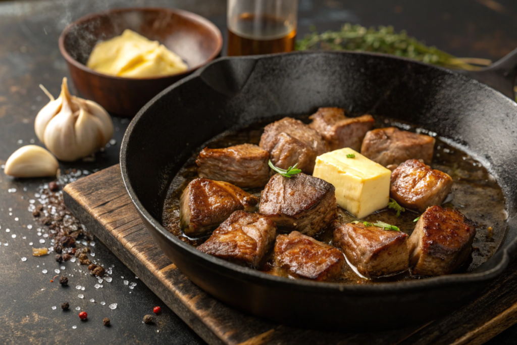 Golden-brown Steak Bites with Garlic Butter, garnished with parsley, served hot in a skillet with a side of crusty bread.






