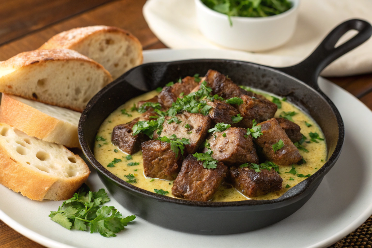 Golden-brown Steak Bites with Garlic Butter, garnished with parsley, served hot in a skillet with a side of crusty bread.