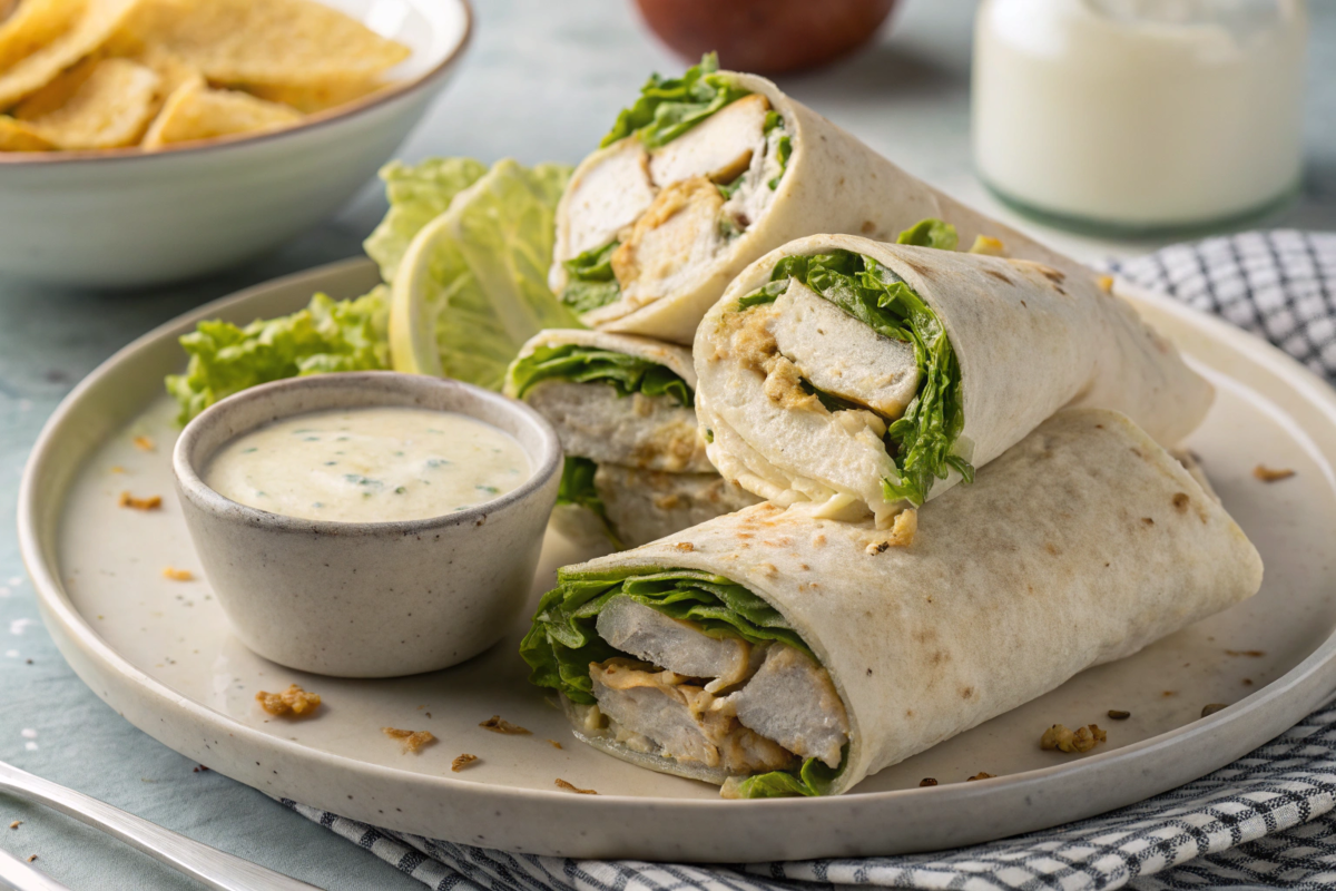 A freshly prepared Chicken Caesar Wrap cut in half, revealing layers of grilled chicken, crisp romaine lettuce, Parmesan cheese, and creamy dressing.