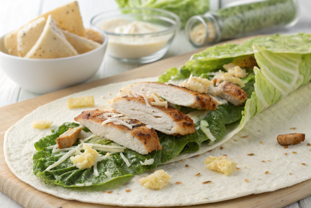 A freshly prepared Chicken Caesar Wrap cut in half, revealing layers of grilled chicken, crisp romaine lettuce, Parmesan cheese, and creamy dressing.





