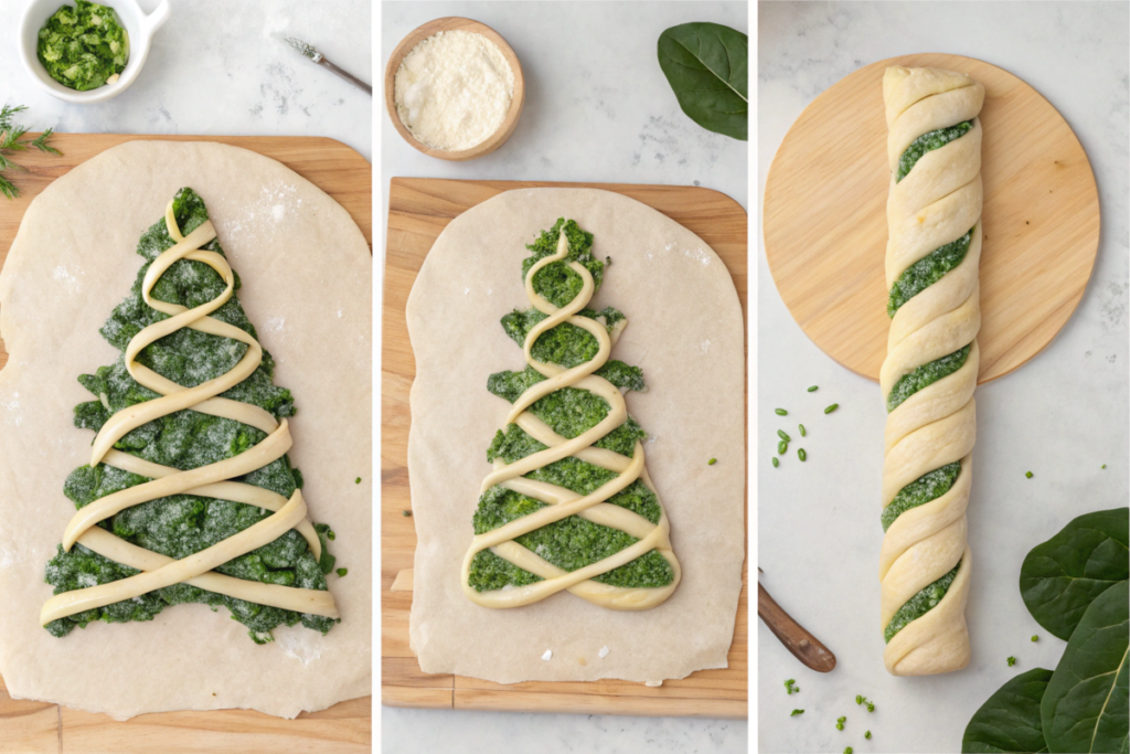 A tree-shaped breadstick with golden crust, filled with spinach dip, garnished with cherry tomatoes, and served on a festive platter.