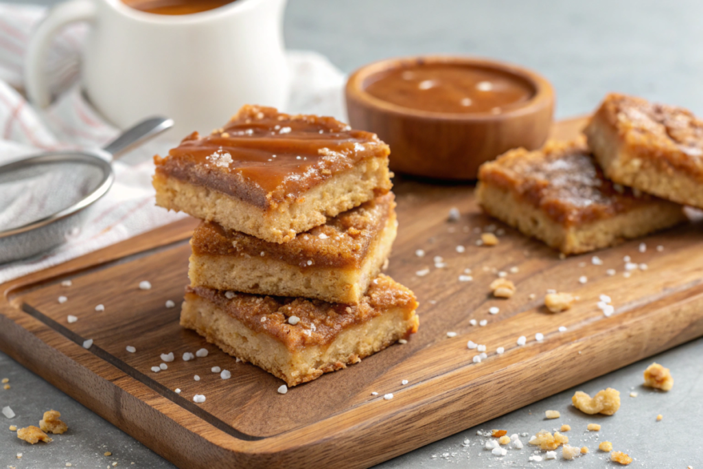  Little Debbie Salted Caramel Cookie Bars displayed on a dessert plate with a drizzle of caramel sauce and a touch of sea salt.