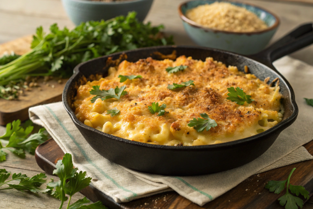 A delicious plate of smoked mac and cheese with bubbling cheddar, golden breadcrumbs, and garnished with fresh parsley on a wooden table.






