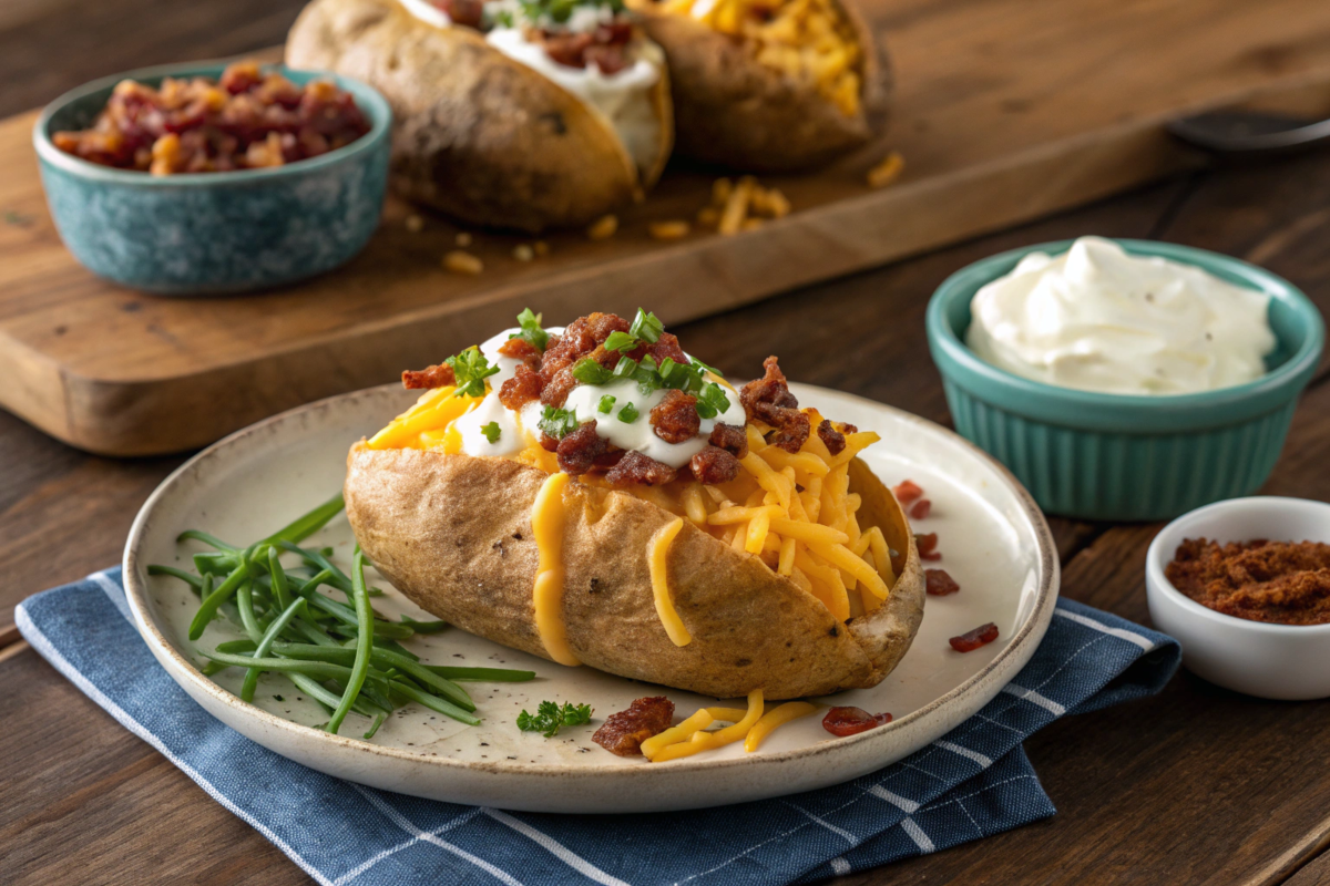 A hearty potato casserole with layers of creamy potatoes, crispy bacon, and melted cheddar cheese, garnished with chives in a baking dish.