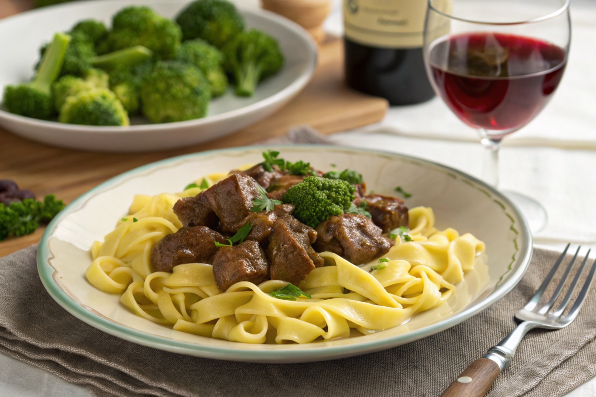 A plate of melt-in-your-mouth beef tips in savory brown gravy, served with mashed potatoes and steamed vegetables, garnished with parsley.