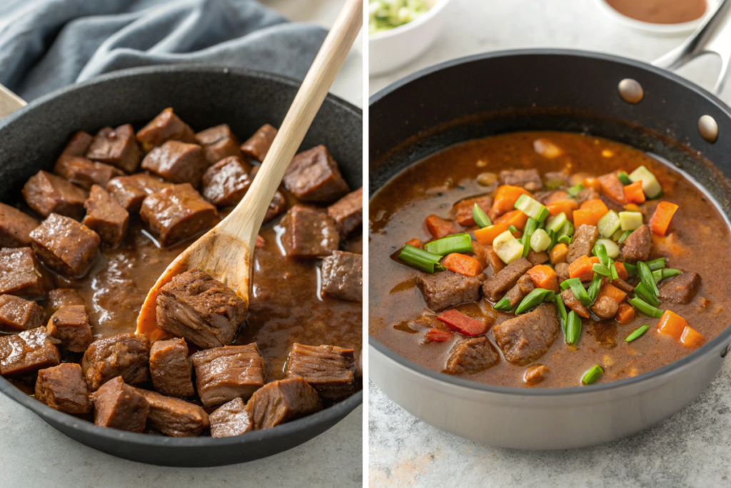 A plate of melt-in-your-mouth beef tips in savory brown gravy, served with mashed potatoes and steamed vegetables, garnished with parsley.





