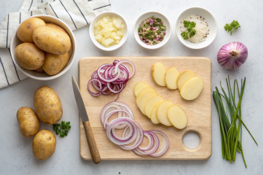 A plate of golden-brown fried potatoes and caramelized onions garnished with parsley, served hot from the skillet.