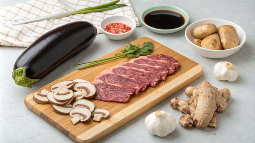 A vibrant plate of Eggplant Mushroom Stir Fry with Beef, featuring tender beef, golden mushrooms, and soft eggplant, garnished with sesame seeds and green onions.






