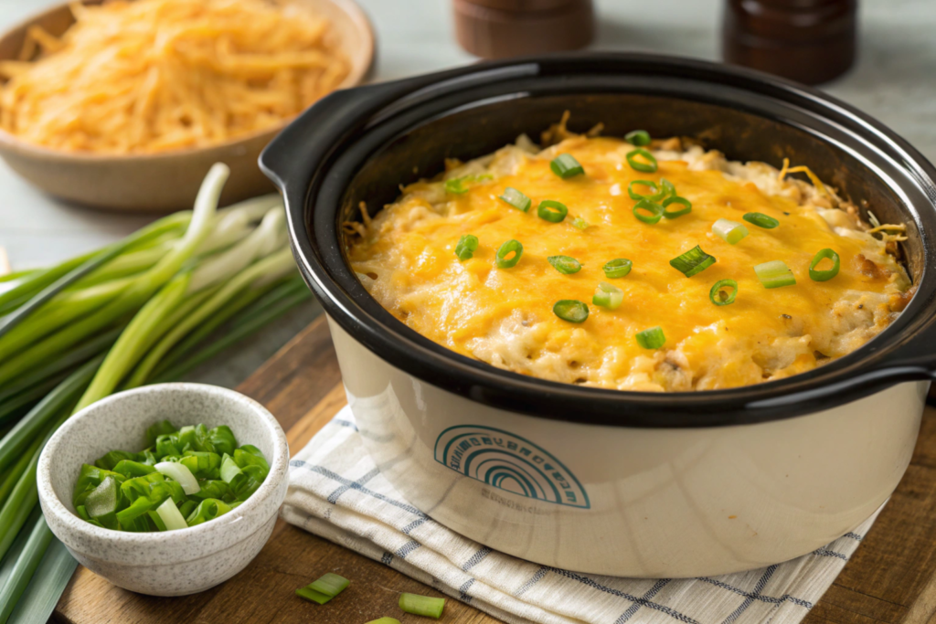 Golden, cheesy Cracker Barrel hashbrown casserole served warm from a slow cooker, with garnished green onions on top.





