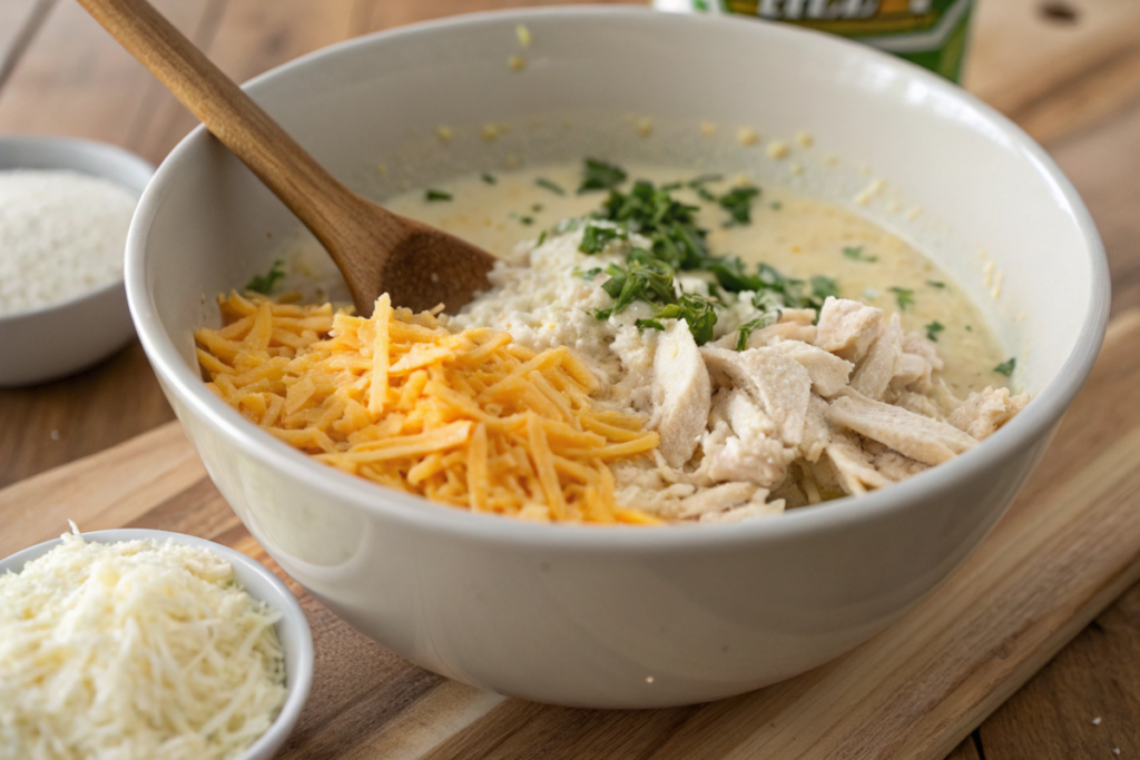 A golden-brown chicken hashbrown casserole topped with melted cheese and breadcrumbs, served in a white dish with fresh parsley garnish.






