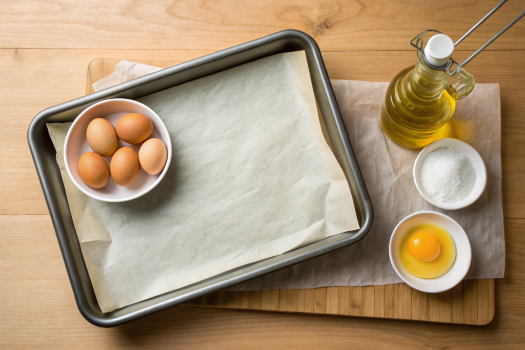 A clean sheet pan with parchment paper and evenly spread egg mixture topped with vegetables, ready to bake, set on a wooden countertop.





